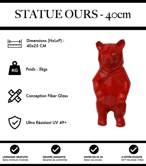 Sculpture Ours Resine 40cm Origami Statue - Rouge - MUZZANO
