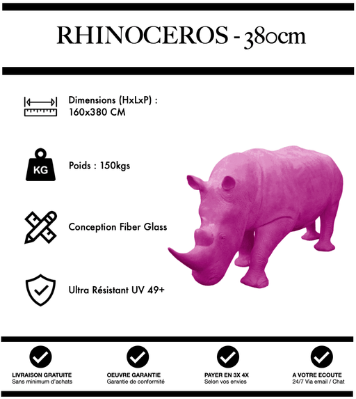 Sculpture Rhinocéros Resine XXXL 380cm Statue - ROSE - MUZZANO