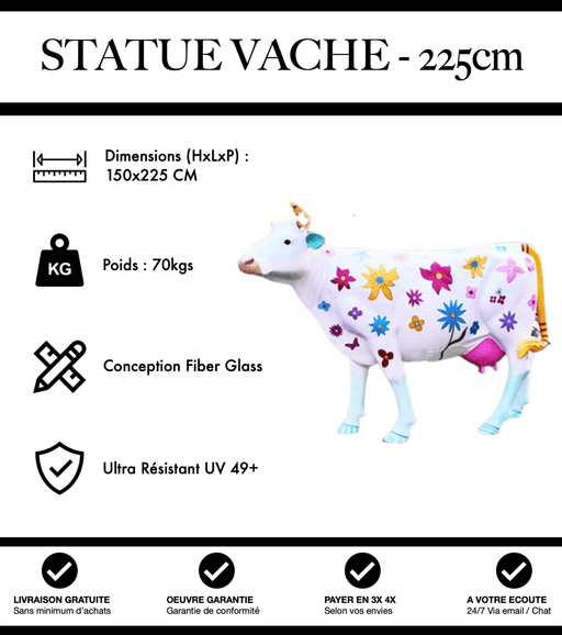 Sculpture Vache Resine XXL Réaliste 225cm Statue - Fleurie Blanc - MUZZANO